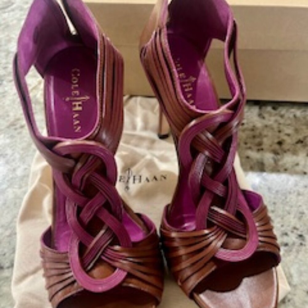Cole Haan Open Toe Heel. Creative Style. Brown & Purple Leather. Size 9M